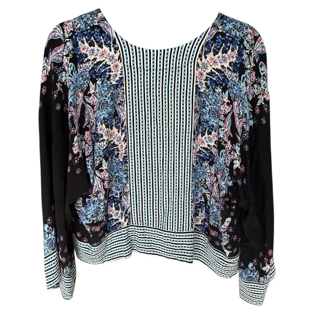 Free People Mix & Match Cropped Oversize Blouse XS Blue Prints - Picture 8 of 8